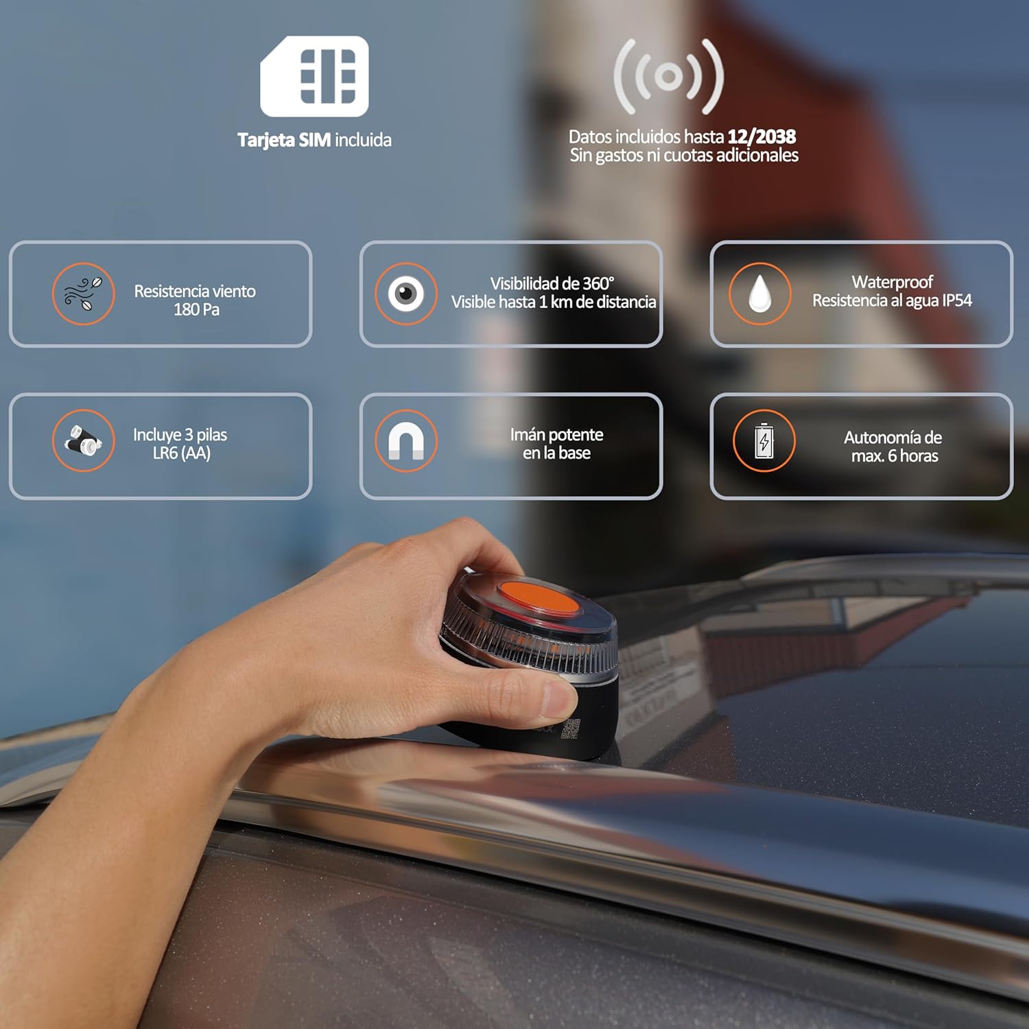 Luz Emergencia V16 Homologada DGT con Geolocalización, Baliza Coche Conectada DGT 3.0, Datos Incluidos hasta 12/2038