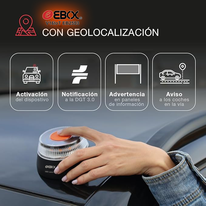 Luz Emergencia V16 Homologada DGT con Geolocalización, Baliza Coche Conectada DGT 3.0, Datos Incluidos hasta 12/2038