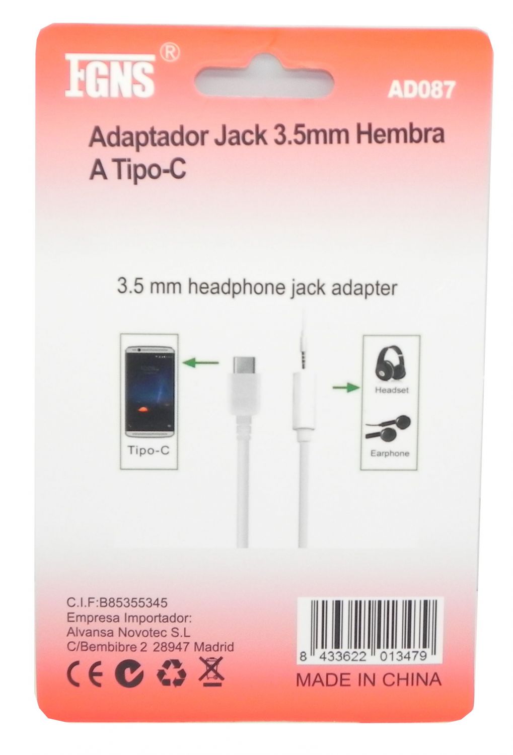 Adaptador Jack 3.5mm Hembra a Tipo C , AD087