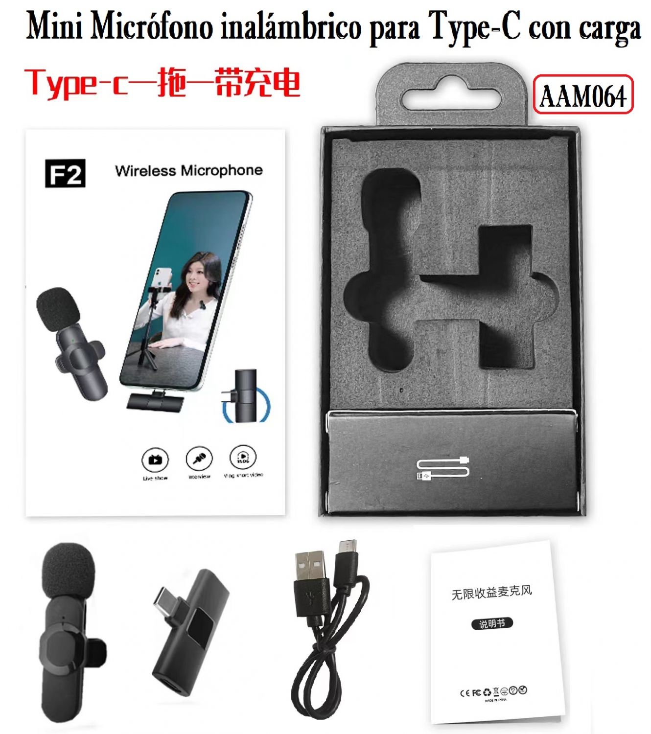 Micrófono inalámbrico Lavalier para Android/Type C con carga,AAM064